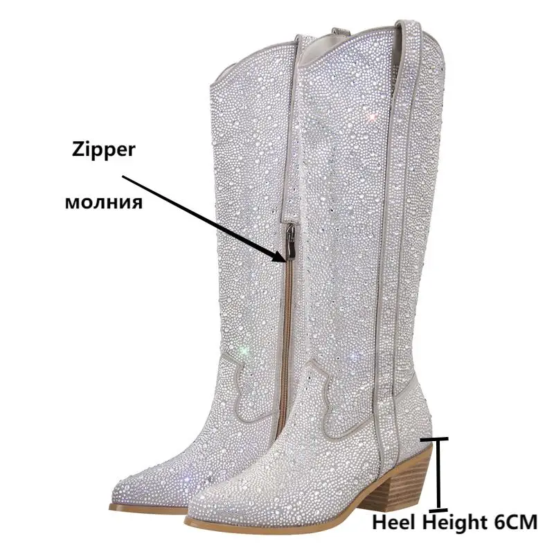 Onlymaker Woman Knee High Boots Silver  Western Cowboy Boots Pointed Toe Bling Shiny Block Heel Pull-On Cowgirl Boos