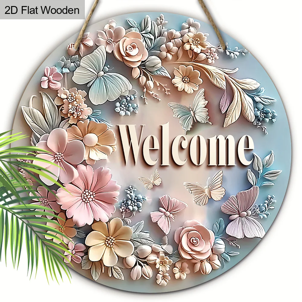 2D Flat 1pc Spring Pink Yellow Flower Gradient Butterfly Welcome for Lover Gift Wood Porch Wreath Hanging Print Housewarming Ent