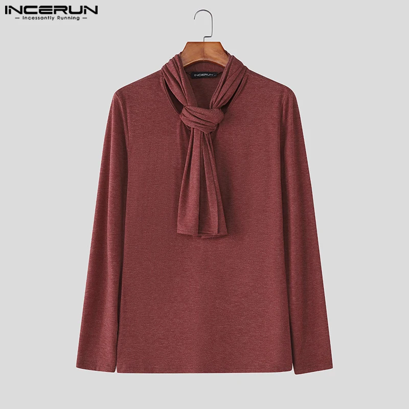 

INCERUN Men T Shirt Solid Color Long Sleeve Fashion Casual Male Tee Tops With Scarf Streetwear 2025 Fashion Leisure Men Clothing