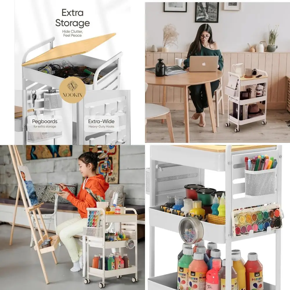 

3-Tier Rolling Utility Cart with Wheels, Baskets & Hooks - Metal Storage Organizer for Home, Office, Crafting, and Art Supplies