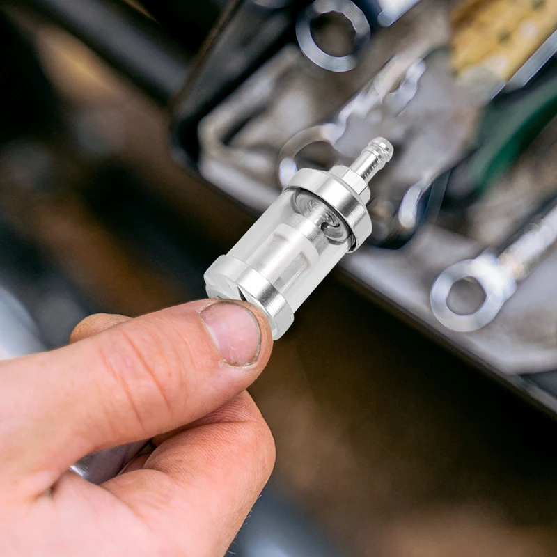 Uniwersalny chromowany szklany paliwo Benzyna Silnik ropy naftowej Filtr liniowy 5/16 "8mm Srebrny do motocykli