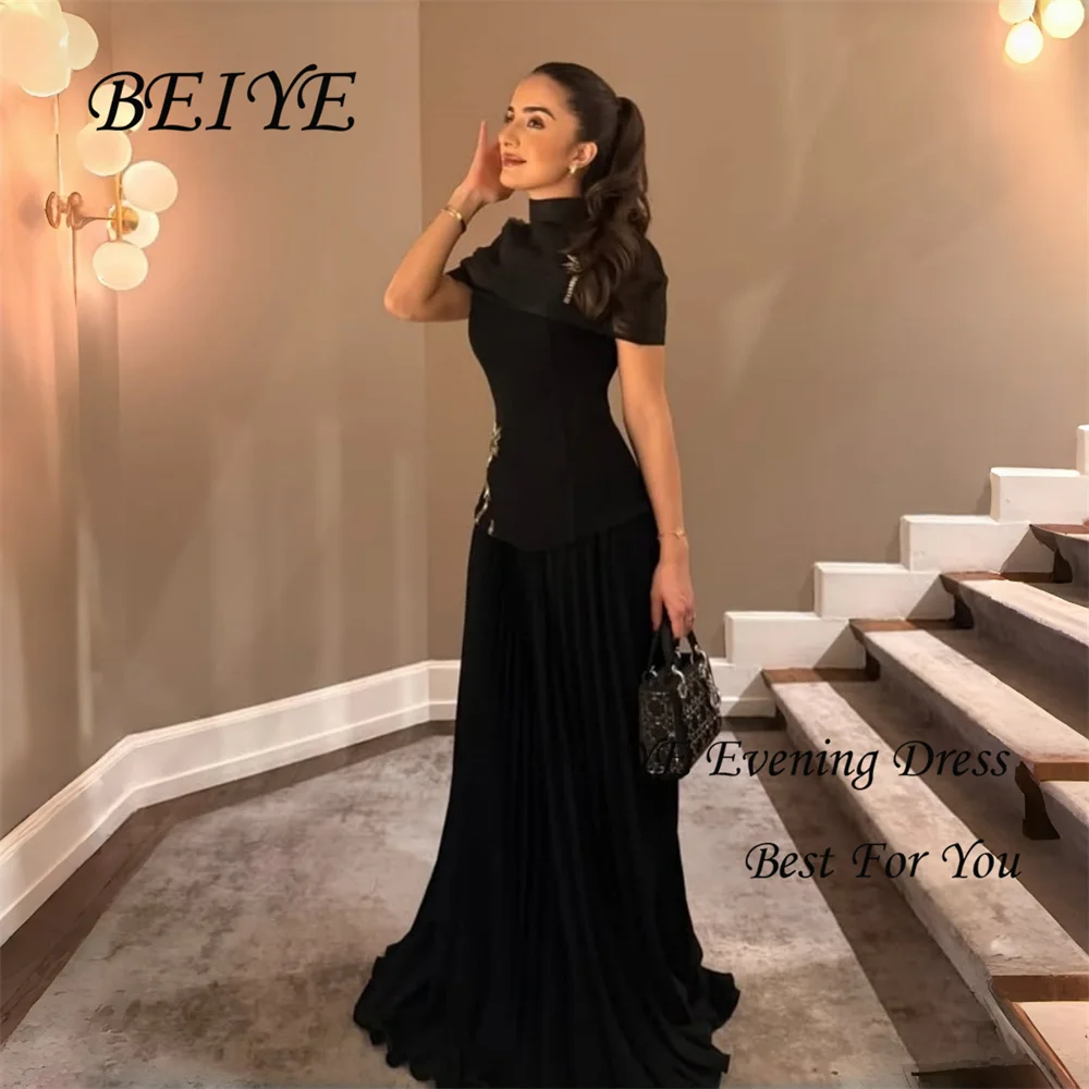 BEIYE – robe de soirée de forme sirène, élégante, noire, musulmane, col haut, manches courtes, plissée, perles, robe de soirée formelle, personnalisée, 2026