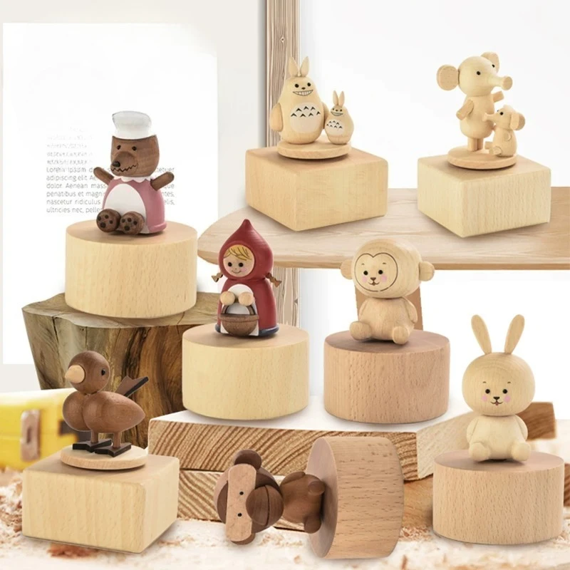 Rotating Animal Music Box Creative Wooden Craft Ornament Birthday Festival Gift Toy