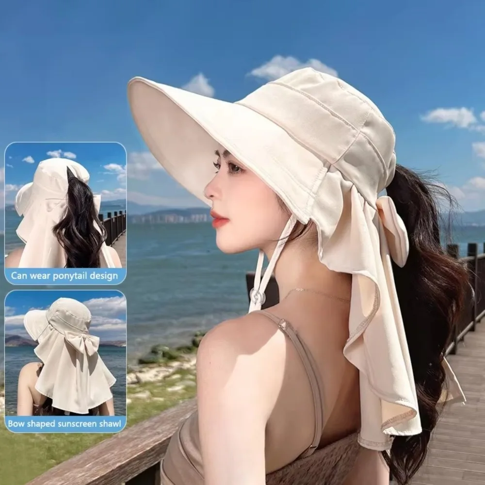 

New Summer Women Bucket Hat Outdoor Wide Brim Sunscreen Hat with Shawl Bowknot Fisherman Hat Neck Protection