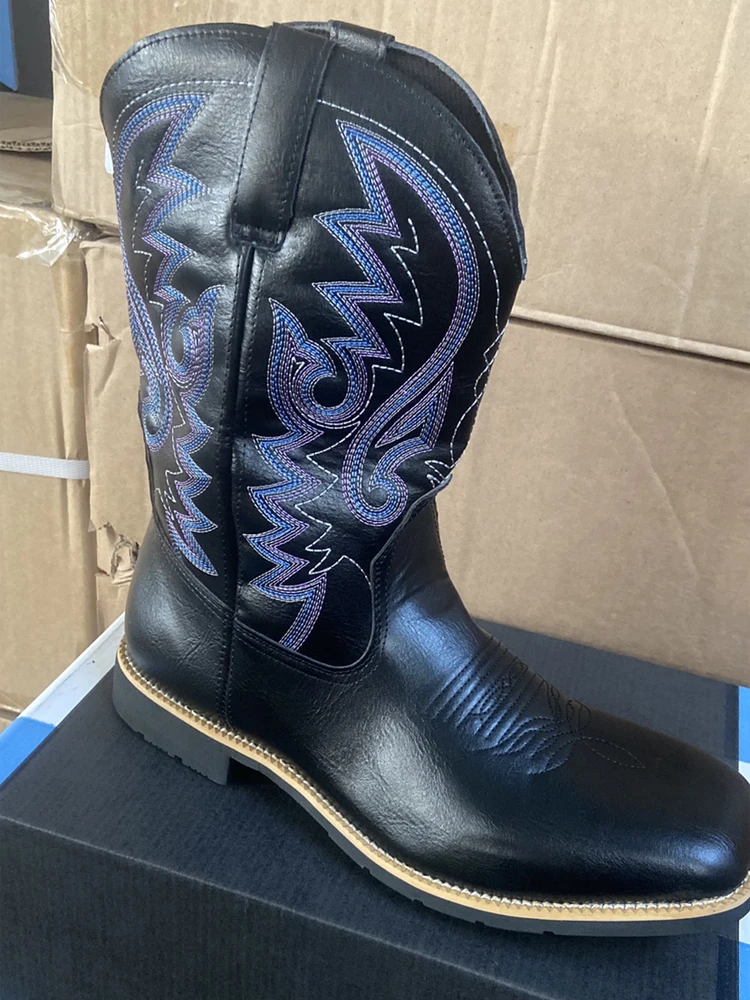 Male Western Cowboy Boots Embroidered Design Leather Boots Western Style Mid Calf Boots Outdoors High Boots Large Size 38-48