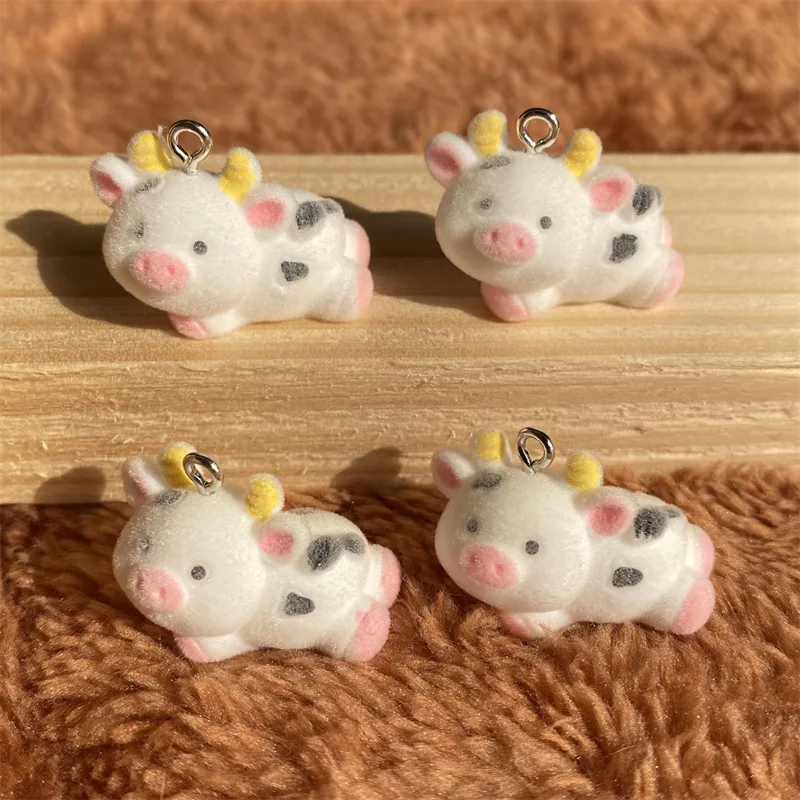 

30Pcs 3D Flocking Cute Cow Resin Charms Cartoon Animal Plush Pendant For Phone Bag Keychain Earrings DIY Crafts Jewelry Make