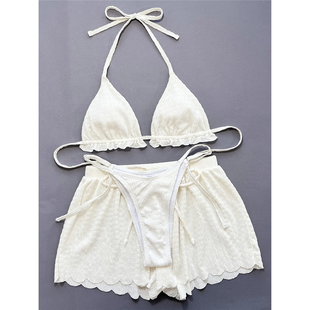 Gerüschter, gefütterter Neckholder-Bikini, Damen-Badebekleidung, dreiteiliger Bikini-Set mit Shorts, Badeanzug, Badebekleidung, Schwimmanzug V5673B – Detail 24