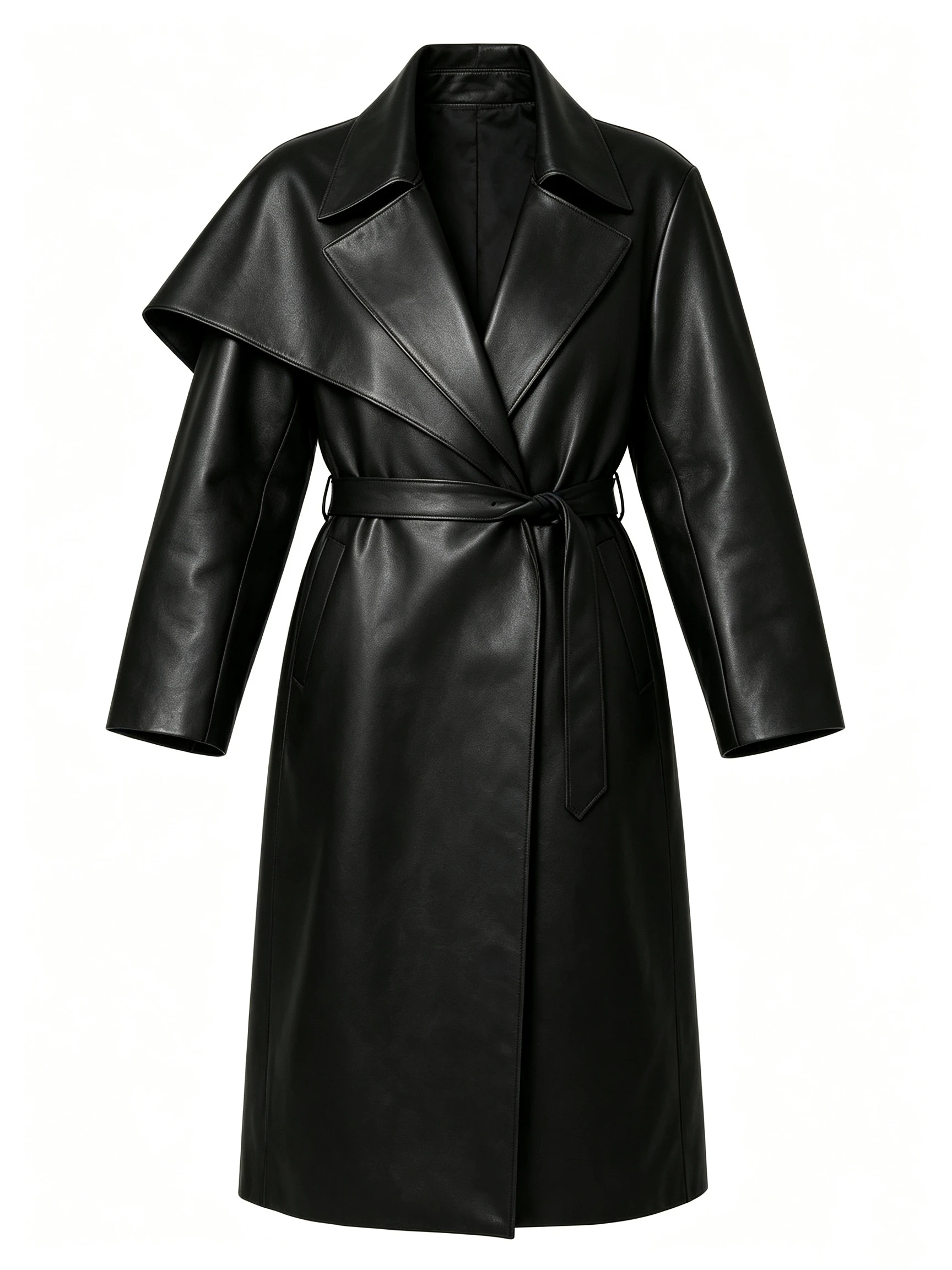 Women's Long Faux Leather Trench Coat with Oversized Cape Collar and Belted Waist