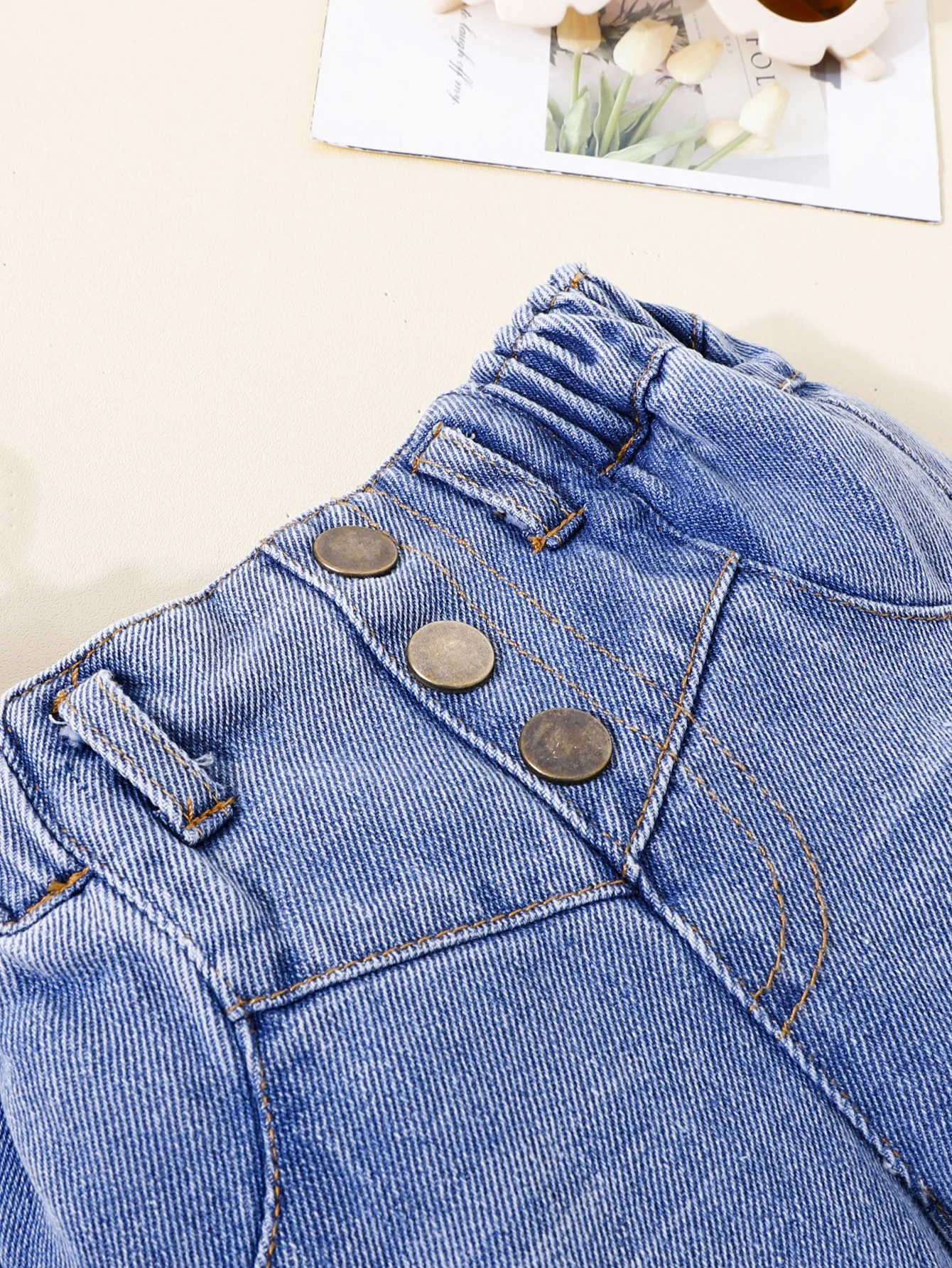 Denim pants for girls baby four seasons embellished copper buckle spray cat beard half round elastic waist back pocket denimblue