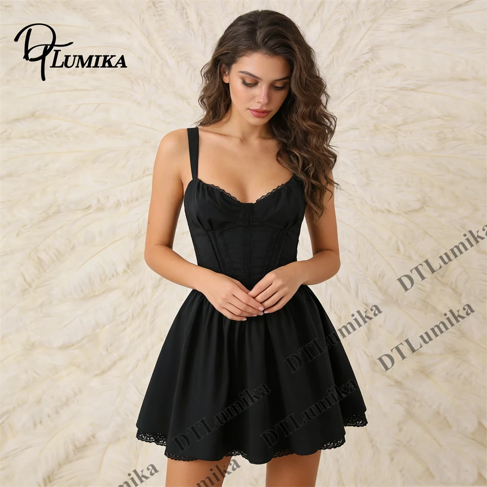 

Women’s Black Lace Trimmed Corset Dress, Spaghetti Strap Ruched Bust Mini Dress for Party Nightclub Cocktail