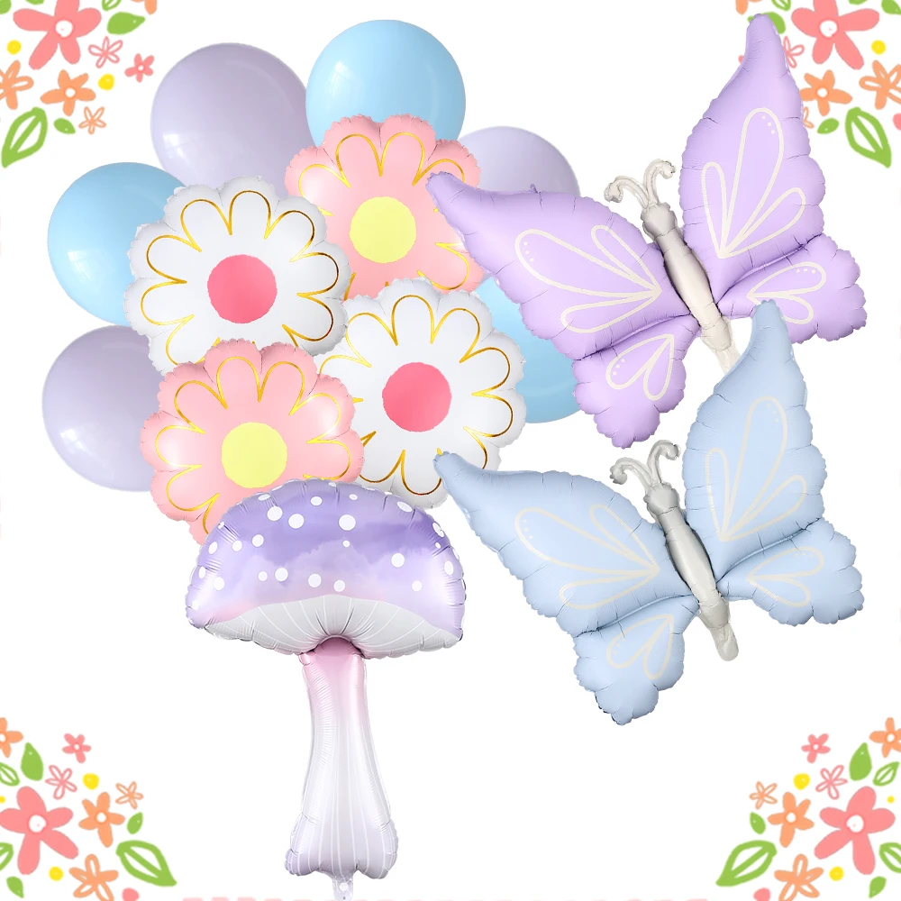 

13Pcs Mushroom Daisy Butterfly Balloon Set Macaron Pink Purple Blue Balloon Fairy Tale Garden Theme Birthday Party Decoration