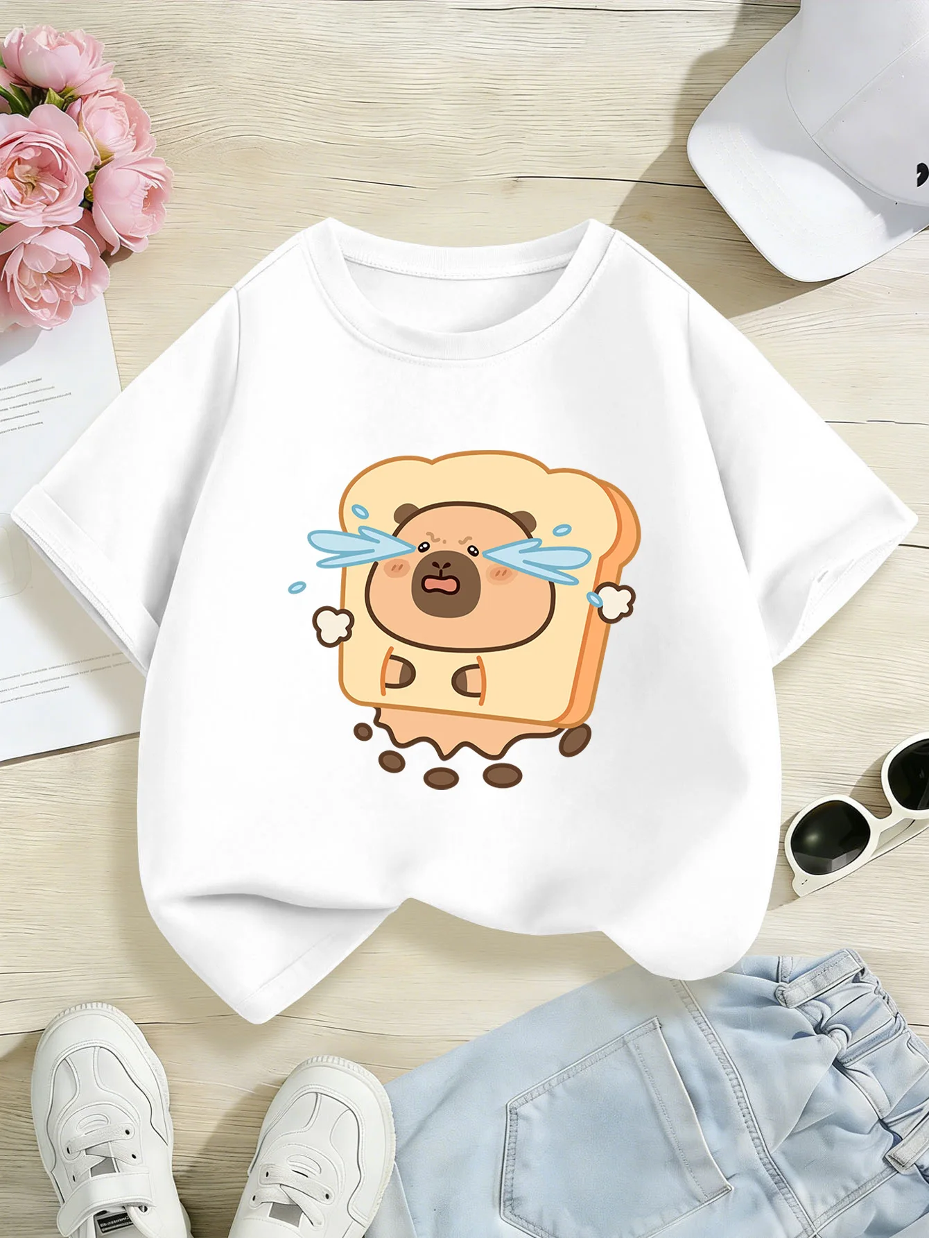 Kawaii Tears Capybara Toast Bread Cartoon Print Kids T Shirt Boys Girls Family Matching Parent Child Summer Crew Neck Casual Tee