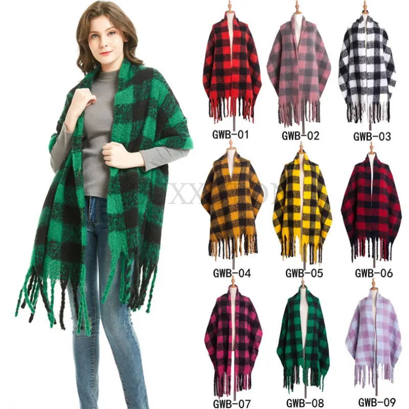 

New Designer Women Winter Plaid Poncho Square Pashmina Bandana Cashmere Thicken Blanket Knitted Warm Soft Shawls and Wraps