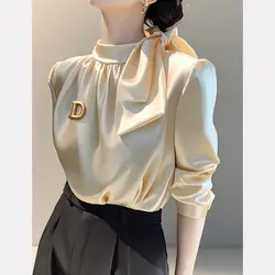 Temperament Bandage Loose Blouse Spring New Long Sleeve Pleated Solid Color High Street Shirt Tops Elegant Fashion Women Clothes
