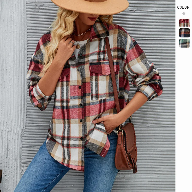 

Women's Long-Sleeved Cardigan Lapel Loose Plaid Woolen Jacket Autumn Winter New Real