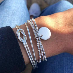 3Pcs Bohemian Silver Color Bracelet Set Vintage Round Pendant Beads Open Bracelet for Women Punk Boho Beach Bangle Jewelry Gifts
