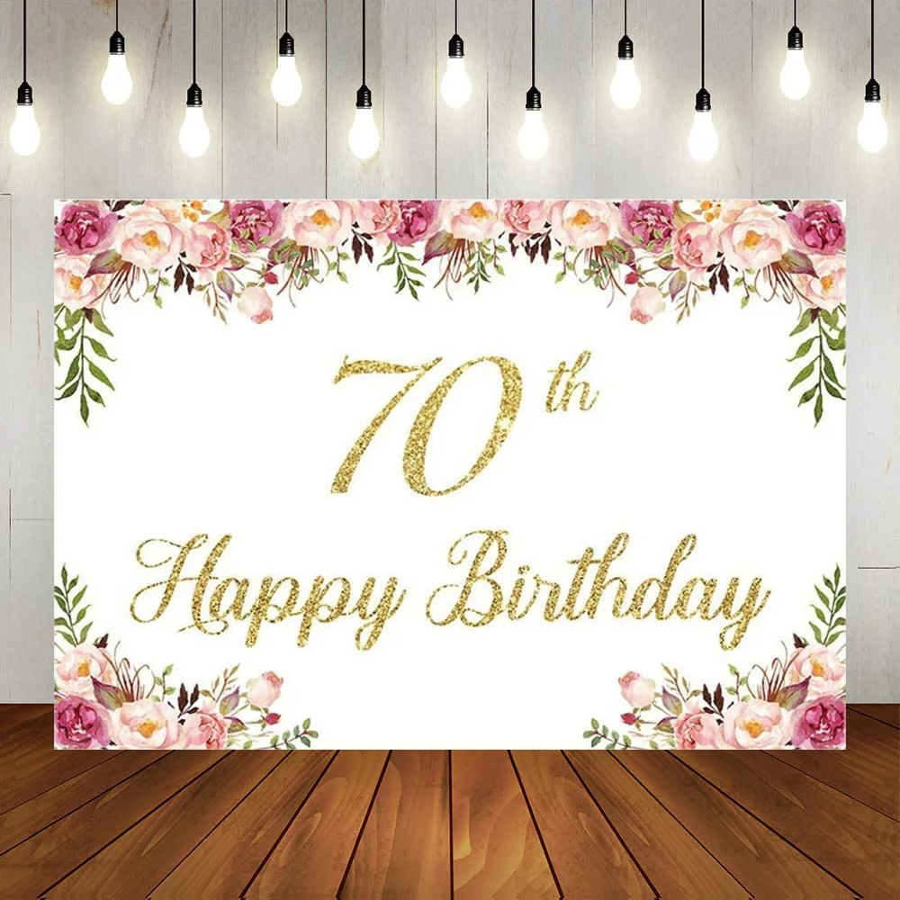 Happy 70th Birthday Party Background Banner Lovely Women Black Flowers Gold 70 Years Old Poster Anniversary Backdrop Photograph