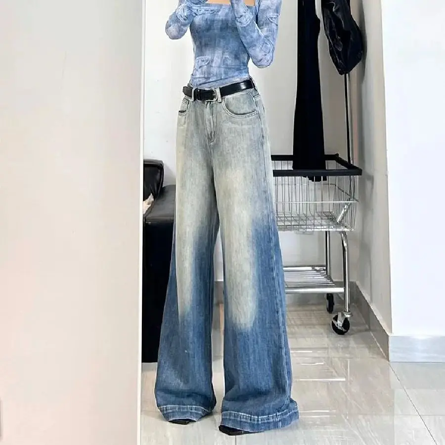 American High Street Washing Blue Gradient Micro-Flare Jeans Women Summer Niche Design Straight-Leg Casual Floor-Moving Pants