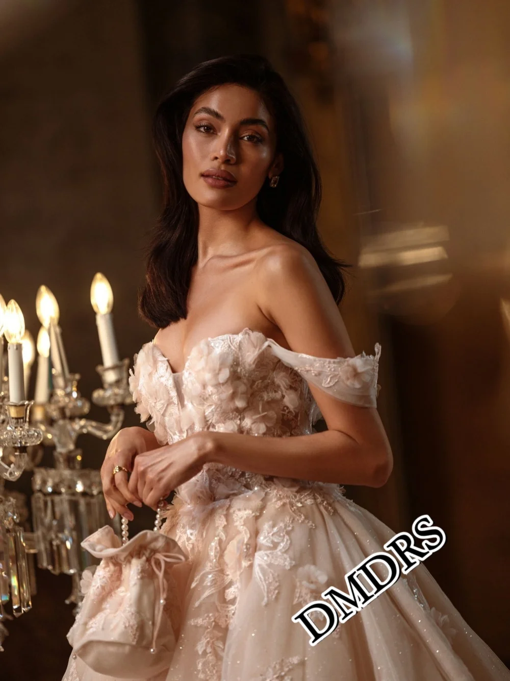 DMDRS Dolce 3D Abito da sposa floreale Romantico Abiti da sposa in rilievo Affascinante Appliqued Abiti da sposa lunghi fino al pavimento Abiti da sposa