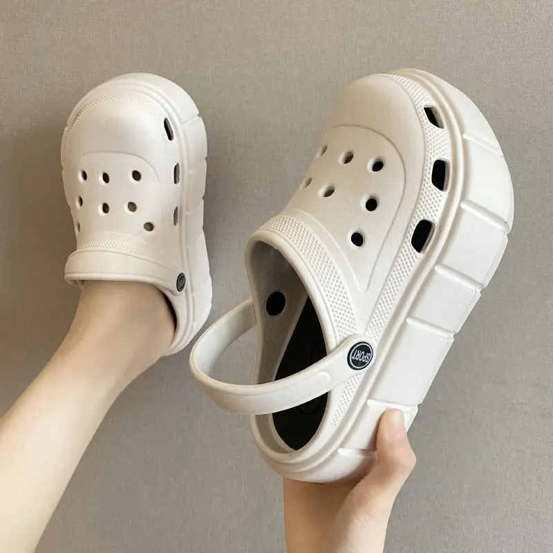 7cm Increase Thick Bottom Slippers For Women Summer Garden Mules Clogs White Chunky Platform Shoes With Holes Girls Beach Slides