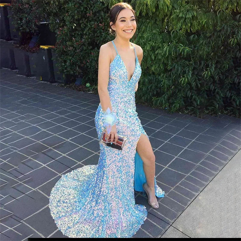 

BLUE Prom Dress Sequin V-neck Mermaid High Slit Evening Gown Elegant Backless Lace-up Court Train Vestido De Noche for Women