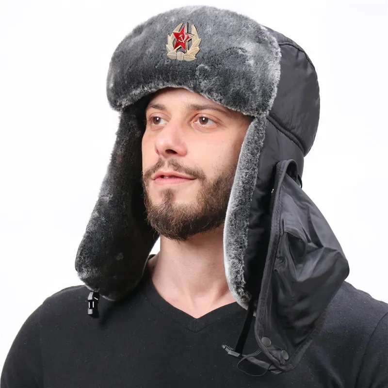 Winter Soviet Badge Lei Feng Hats for Men Russian Army Ushanka Bomber Hat Outdoor Plus Velvet Thicken Warm Earflap Caps