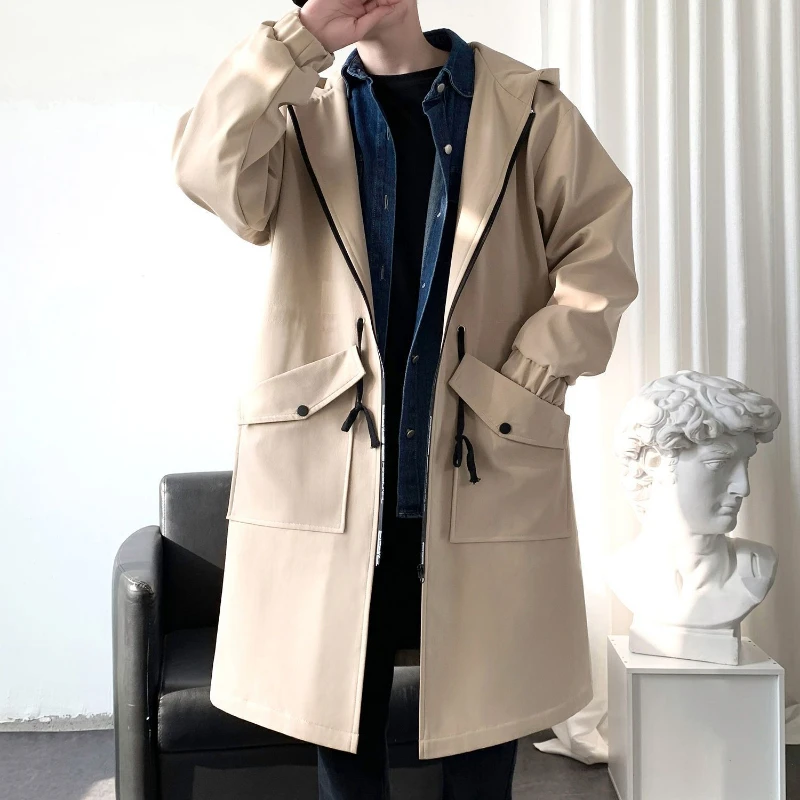 Spring Autumn New Printing Hooded Long Sleeve Fashion Trench Man High Street Casual Loose Zipper Patchwork Pockets Cardigan