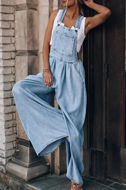 Tuta con gamba larga tascabile per donna Reggicalze Denim generale Cowboy Collo a vita alta Quotidiano senza maniche Estate Y2k Maxi Streetwear