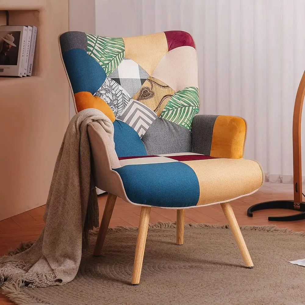 Elegant High-Back Armchair with Colorful Plaid Pattern for Living Rooms, Bedrooms, and Waiting Areas