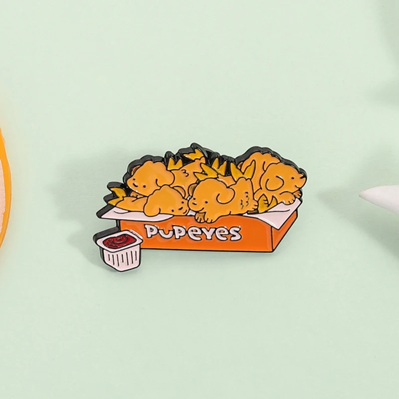 Cartoon Funny Puppy Fried Chicken Enamel Pin Cute Dog Nuggets Fast Food Ketchup Brooch Lapel Badge Jewelry Gifts for Friends ﻿
