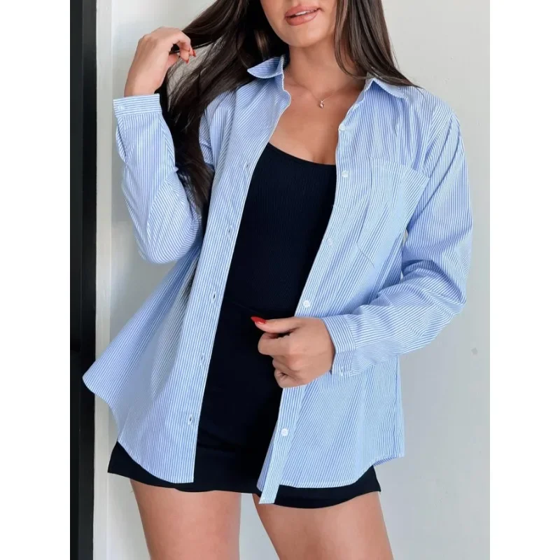 Camisa estampada a rayas para mujer, camisa informal cómoda y versátil con bolsillo y lazo, talla grande 1XL-5XL