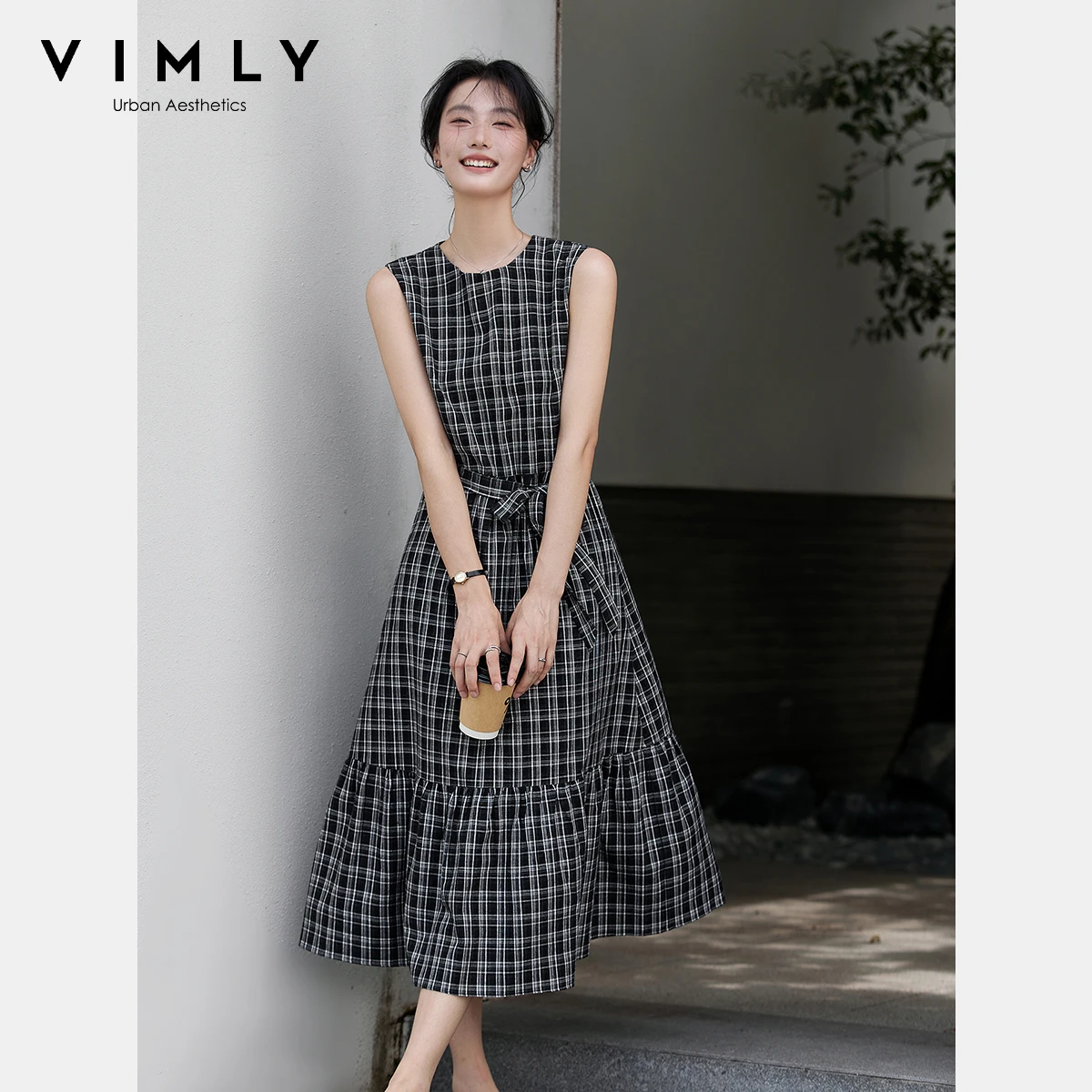 

VIMLY Elegant Woman Midi Plaid Dresses 2025 Autumn Casual Sleeveless Round Neck Female Dresses Lace-up A-line Long Dress A3023