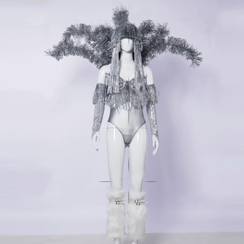 

Серебряный лазерный боди с блестками и рукавами, наряды с бахромой, парики, чехол для ног, женский танцевальный костюм Gogo, рождественская одежда для танцев на пилоне, 10589S,