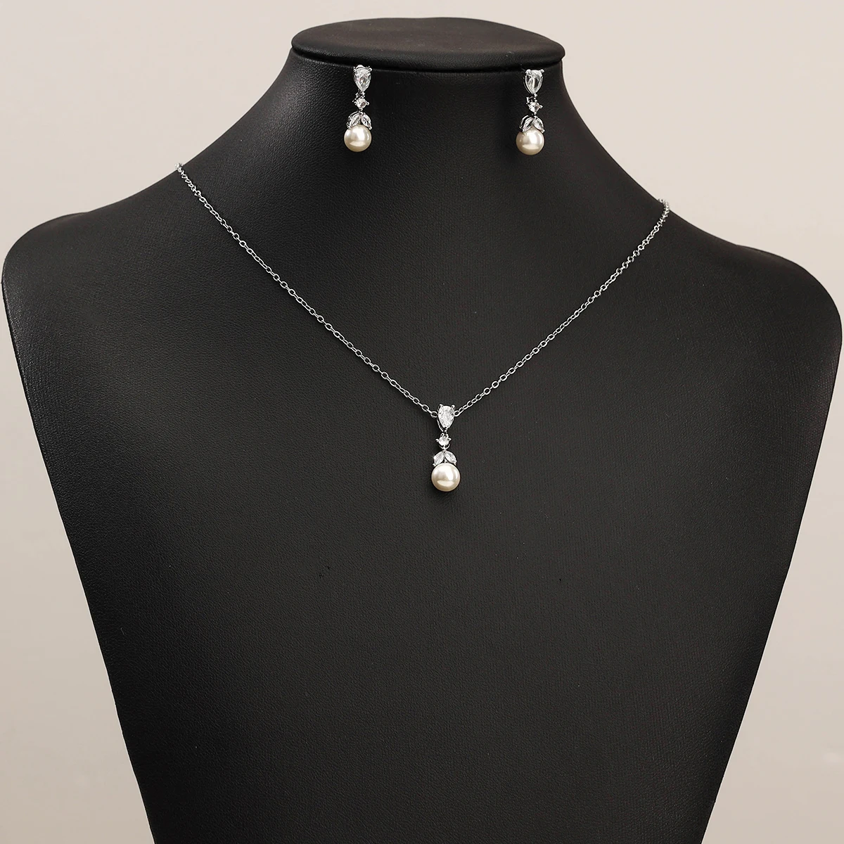 Pearl cube zirconia necklace earrings set, prom costume jewelry gifts
