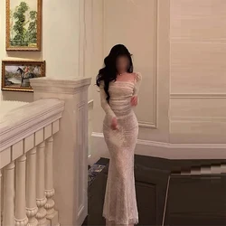Lace Applique Ivory Sexy Long Evening Dresses Mermaid Full Sleeves Corset Prom Gowns For Women Prom Wedding Party Gowns