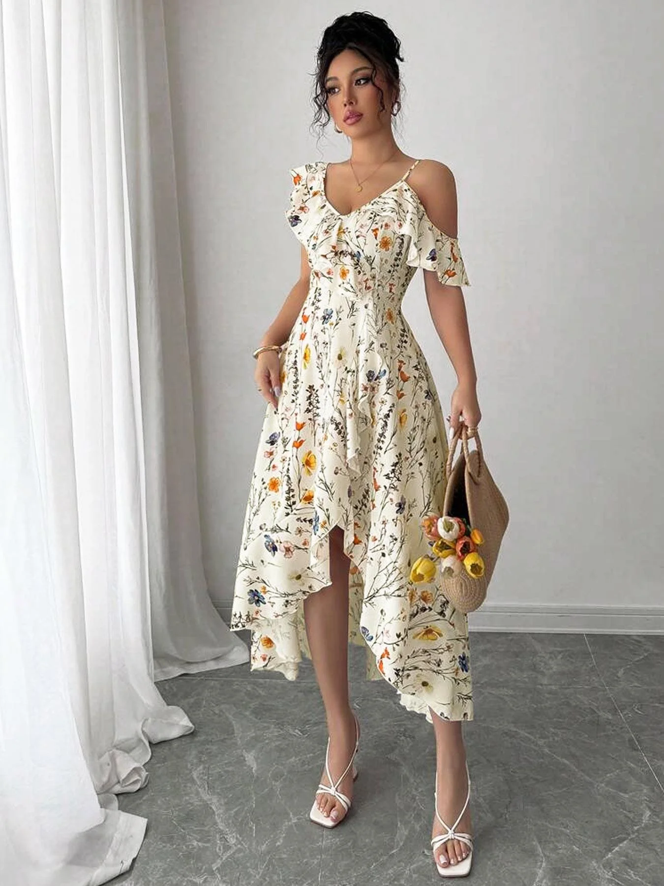 Women's Floral Print Off Shoulder Dress, Boho Fashion V Neck Sleeveless Dress for Beach Holiday Vacation, Ladies Dress for Summe