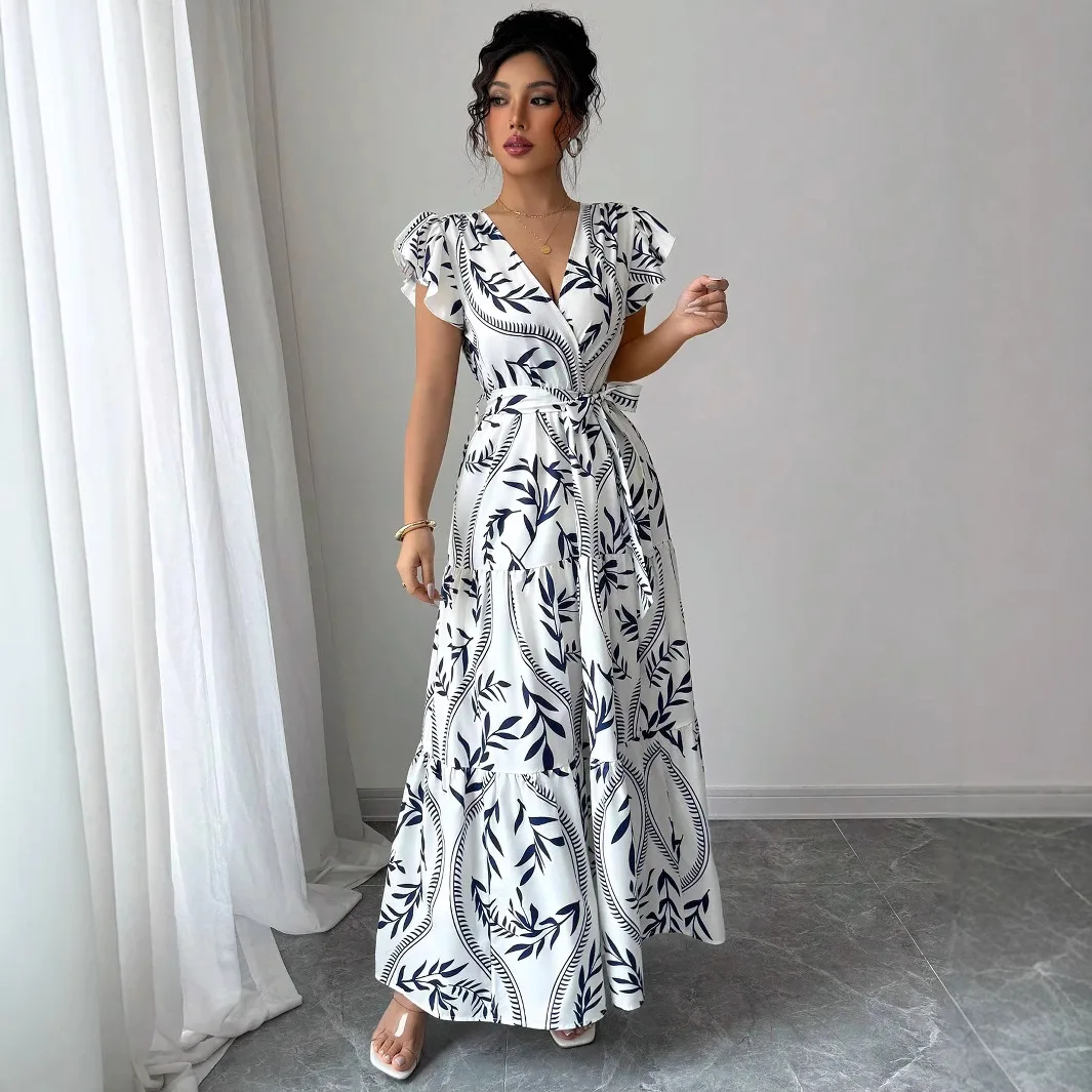 Spring And Summer New Printed Lotus Leaf Edge V-neck Sexy Slim And Thin Long Dress Dress
