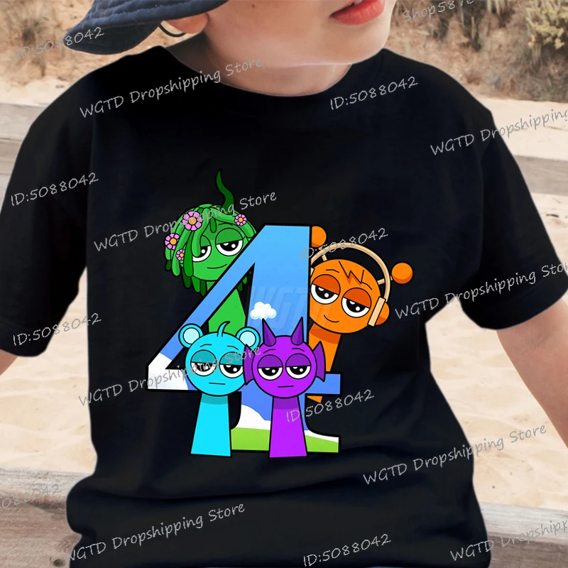 

Boys Girls Cartoon Print Sprunki Birthday Number 1-9 T Shirt Crewneck Short Sleeve Party Creative Gifts Kids Sprunki T-shirts