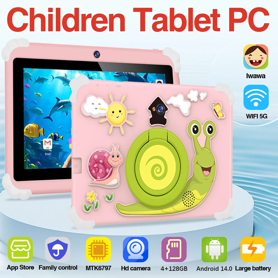 

Детский планшет 4 + 128 ГБ, 7-дюймовый Android 14 планшетов с защитным чехлом, двойная камера, игры, образовательные обучающие планшеты, подарки для детей
