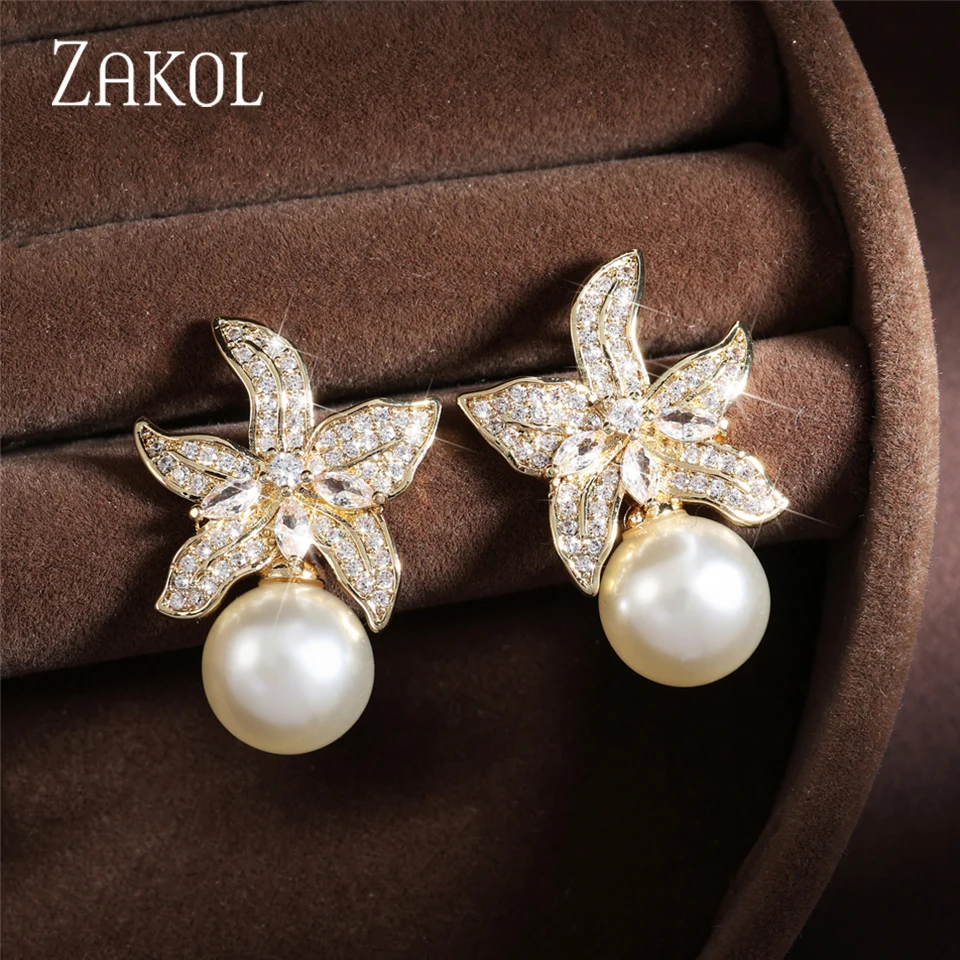 ZAKOL Gorgeous Flower Imitation Pearl Earrings Women Luxury Inlaid Sparkling CZ Stone Fashion Wedding Jewelry Wholesale