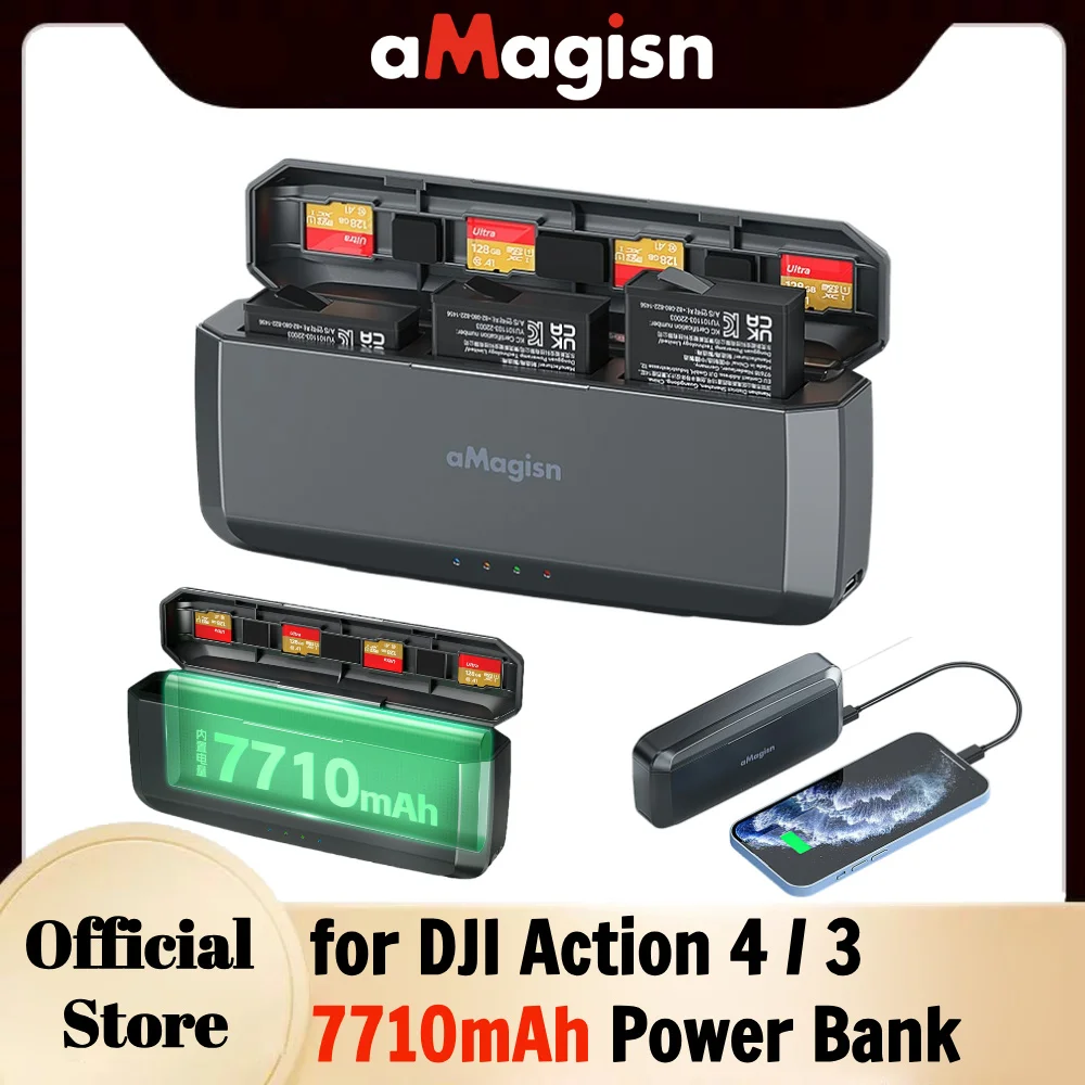 aMagisn Battery Charger for DJI Osmo Action4/3,20W 7710mAh Power Bank,3 Channel Battery Charging Case,Wireless Battery Charger