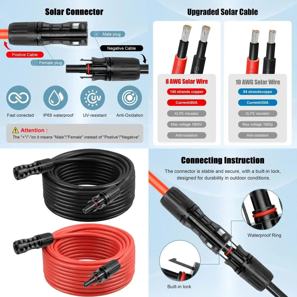 

8 AWG Extension Cable 30ft Black + 30ft Red, 8 Gauge Panel Wire Male to Female Tinned Copper Wire for Automotive, RV, Boat, Outd