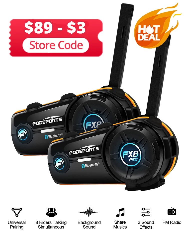 2 stks Fodsports FX8 Pro 8 Rijders 1000 m Helm Motorfiets Bluetooth Dual Chip 5.0 Universele Draadloze Helm Waterdichte Intercom - afbeelding 2