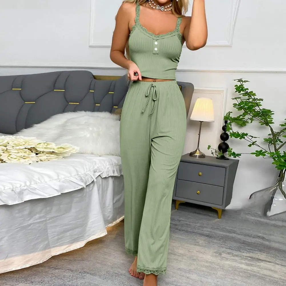 2 Pcs/Set Pants Top Suit Solid Color Low-cut V Neck Sleeveless Shirring Drawstring Pajama Set Elastic Waist Lace Top Trouser Set