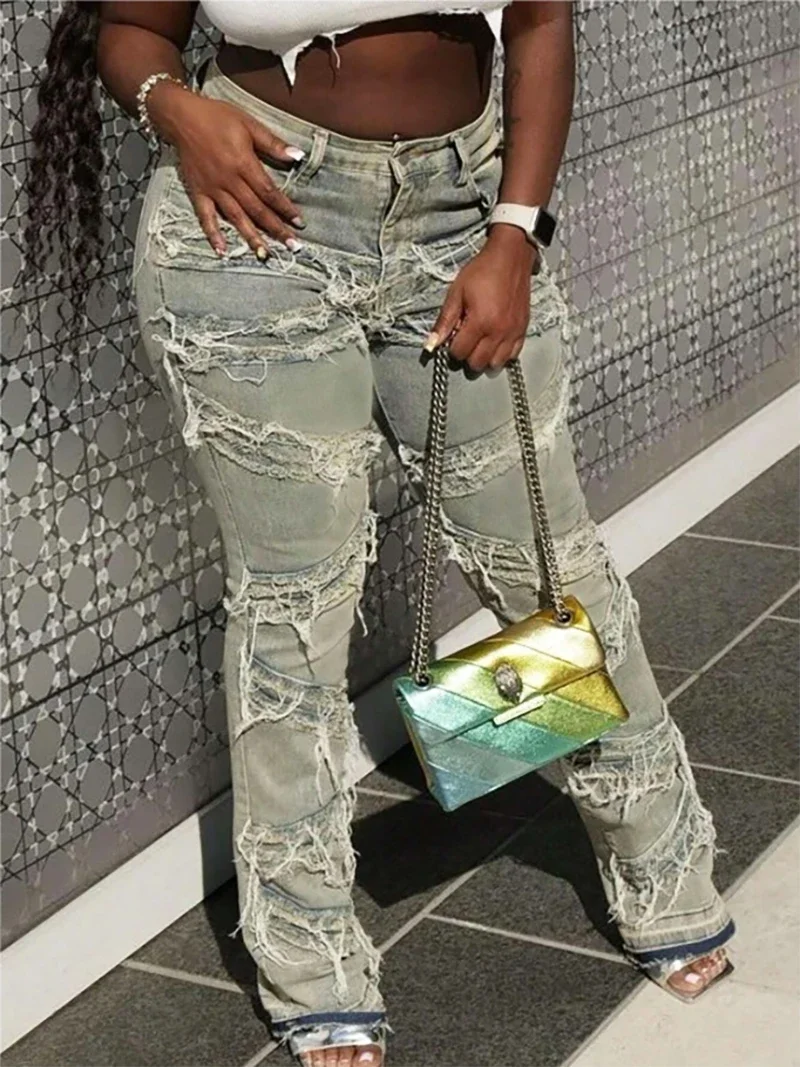 

2025 New Denim Layered Perforated Tassel Fashion Casual Washed Straight Leg Street Personality Versatile Jeans
