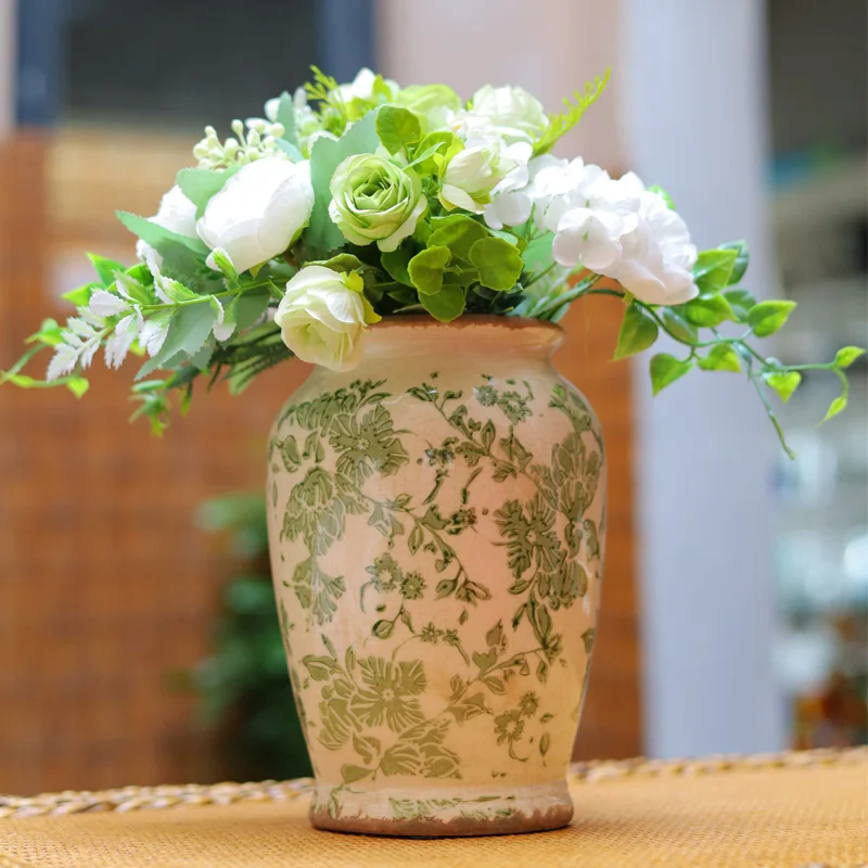 Ceramic retro vase Green Plant porcelain succulent pot Green flower ice crack do old style vase pot home room decoration Nordic