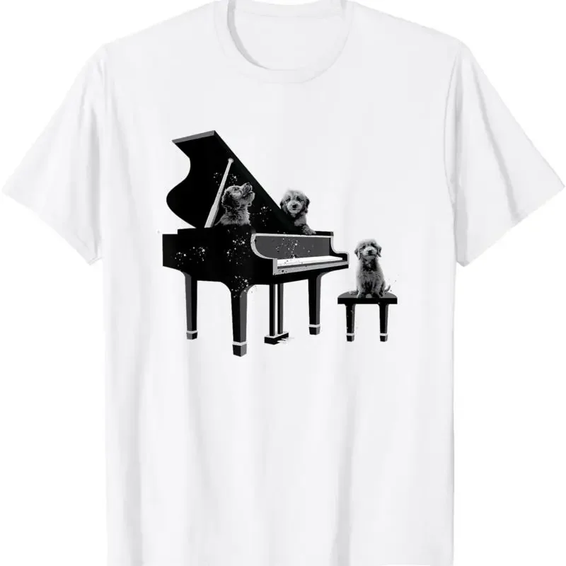 

Puppy Dog Playing Piano Music Graphic Men's Breathable Cotton T-Shirt Round Neck Tee