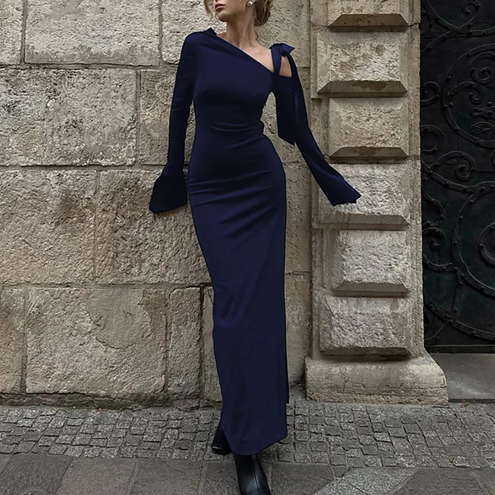 Elegant Pure Color Long Sleeve Wrap Dress Sexy Slant Shoulder Bow Tie Open Split Design Autumn Winter New Arrival Women's Dress