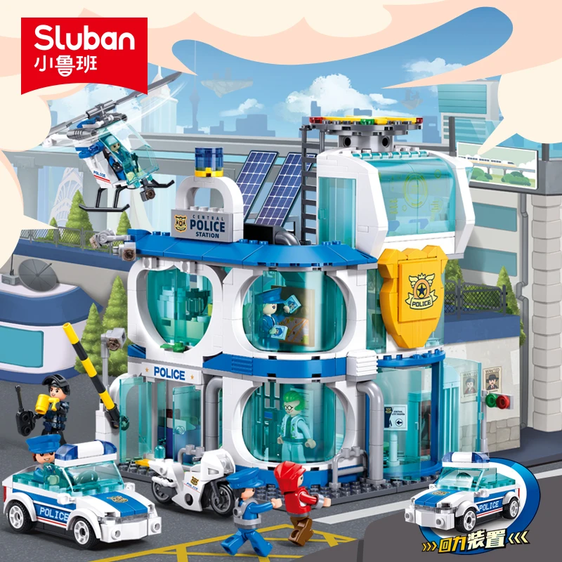 Sluban City Police Building Blocks Toy Set Police Vehicles Car Motorcycles Helicopters Mini Action Figures Kit Gifts For Kids