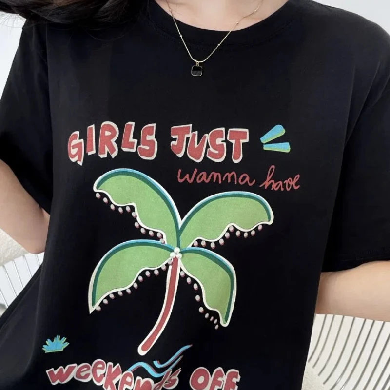 ใหม่ 2025 ฤดูร้อนชุดสตรีหลวมพลัสขนาด Preppy สไตล์ Lady Vestidos พิมพ์เย็บปักถักร้อยแขนสั้นหญิงเสื้อยืดชุด